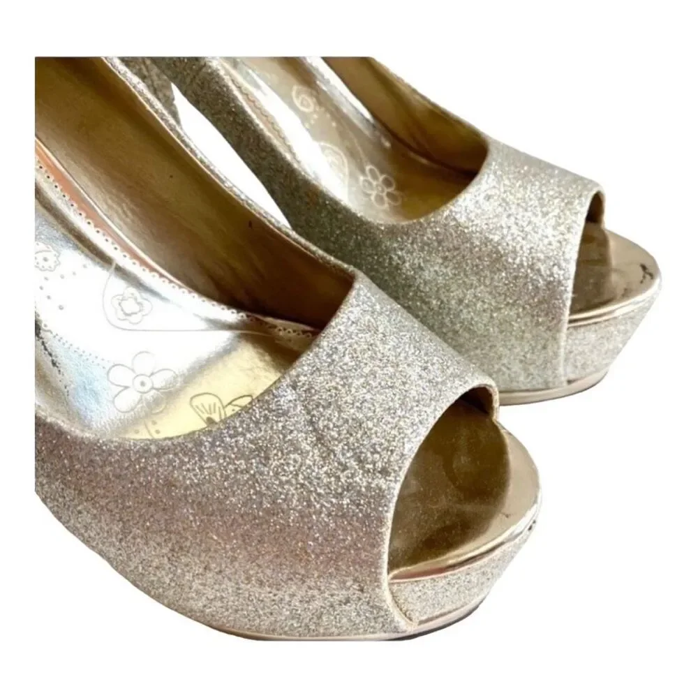 Womens Speed Limit 98 Gold Shimmer Glitter Open Toe Pumps Heels  - Sz 8